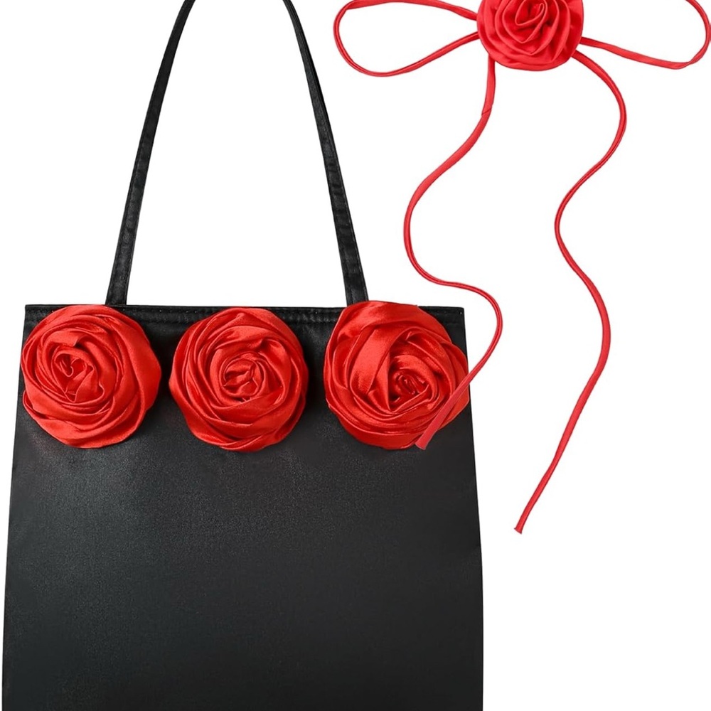 New Elegant Black Tote Bag Red Floral Accents day of the dead gothic handmade